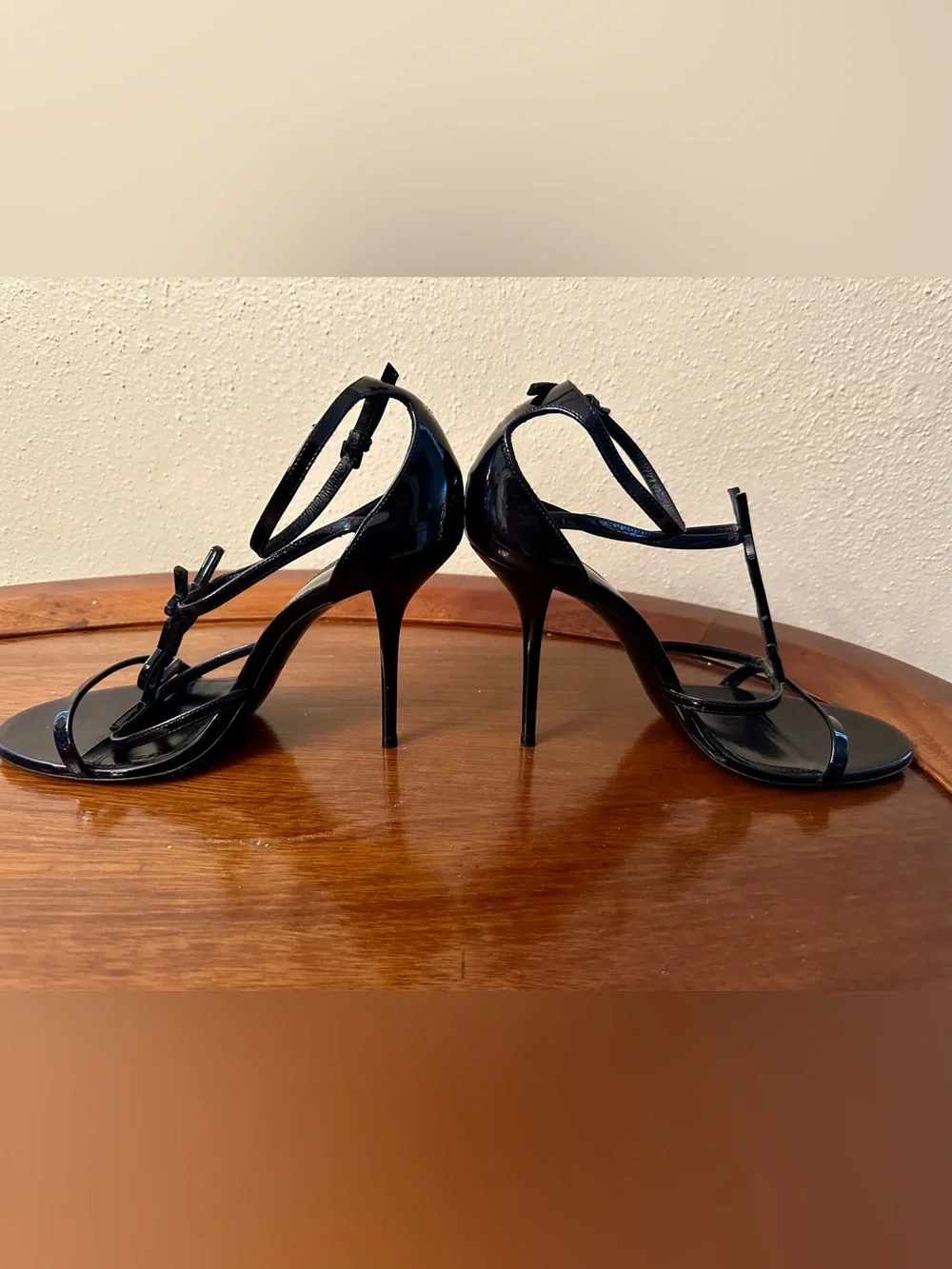 Saint Laurent Black Patent Leather Logo Stiletto Sandal - Picture 3 of 3